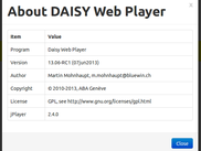 Daisy Web Player 13.06 in Chrome,  About screen
